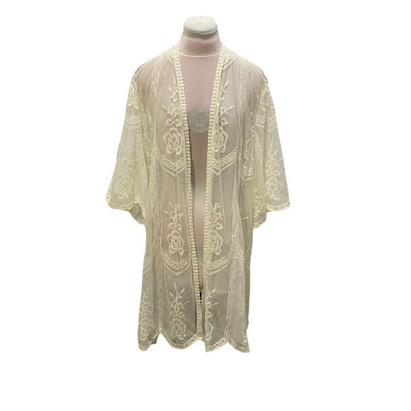 CHANCE OR FATE Gorgeous Ivory Sheer Mesh Lace Kimono 1X Bridal Fairy Feminine - Picture 1 of 6